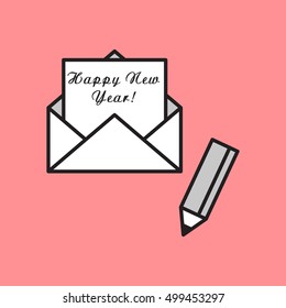 Happy new year Written Inside An Envelope, Letter With pencil. Icon in Flat Style Vector Illustration. Flat Design.
