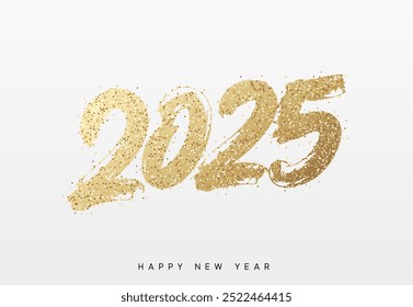 Happy New Year written number golden glitter 2025. Gold glittered 2025 text in a bold, hand painted style on a white background. Vector illustration