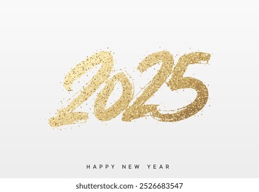 Feliz Ano Novo escrito número dourado glitter 2025. Ouro brilhante 2025 texto em um negrito, mão pintado estilo em um fundo branco. Ilustração vetorial