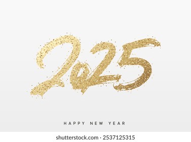 Happy New Year written number golden glitter 2025. Gold glittered 2025 text in a bold, hand painted style on a white background. Vector illustration