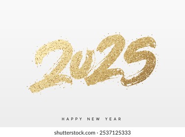 Happy New Year written number golden glitter 2025. Gold glittered 2025 text in a bold, hand painted style on a white background. Vector illustration