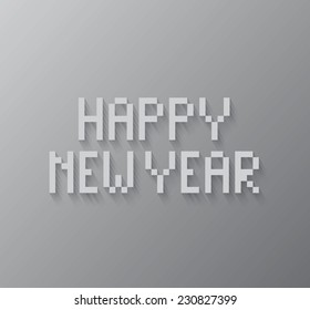 Happy new year written with square dots on a gray background with long shadow.Illustration and clip art.