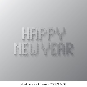 Happy new year written with square dots on a gray background with long shadow.Illustration and clip art.