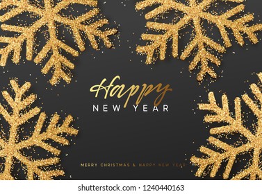 Happy New Year. Xmas background with shining golden snowflakes. Vector illustration 