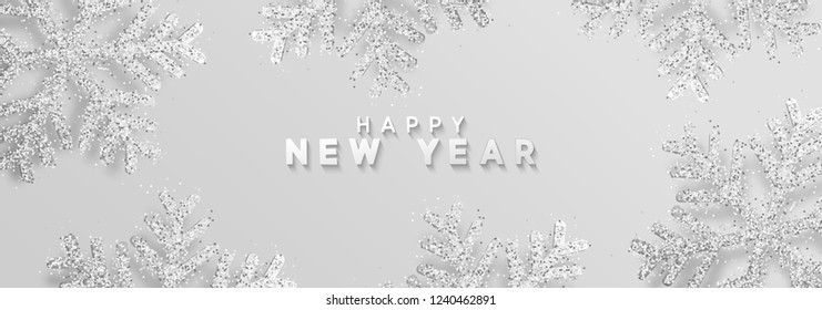 Happy New Year. Xmas background with Shining silver Snowflakes. Greeting card, holiday banner, web poster