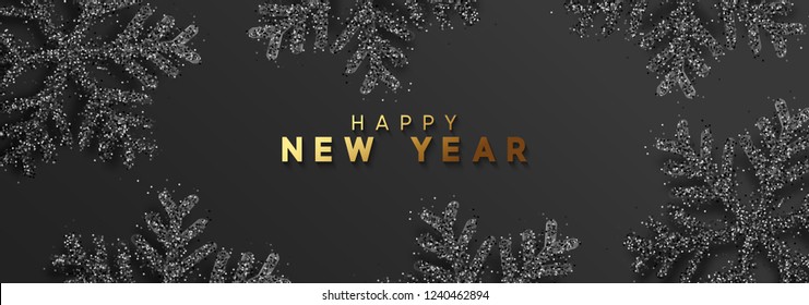 Happy New Year. Xmas background with Shining silver Snowflakes. Greeting card, holiday banner, web poster