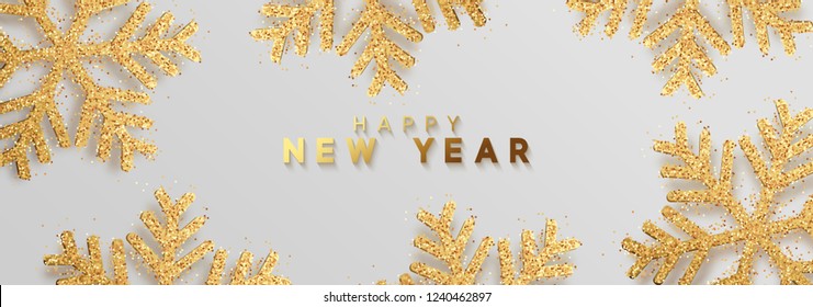 Happy New Year. Xmas background with Shining gold Snowflakes. Greeting card, holiday banner, web poster