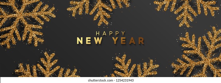 Happy New Year. Xmas background with Shining gold Snowflakes. Greeting card, holiday banner, web poster