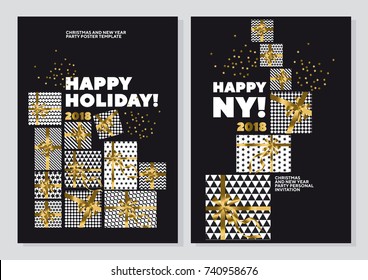 Happy New Year And Xmas Concept Poster Template. Gold And Black Colors Christmas Vector Illustration. Flayer, Brochure, Header With Text, Star, And Present Box