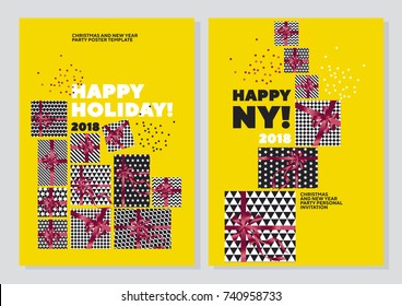 happy new year and xmas concept poster template. pop yellow and pink colors christmas vector illustration.Christmas flayer, brochure, header with text, star, and present box