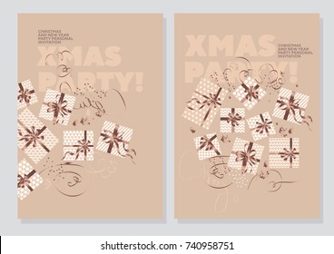 happy new year and xmas concept poster template. elegant pale beige colors christmas vector illustration. Christmas flayer, brochure, header with text, star, and present box