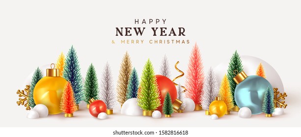 Happy New Year. Xmas design background, Christmas trees, Decorative balls, snow drifts. Holiday gift card, Festive poster, web banner, header for website. Winter season with traditional elements.