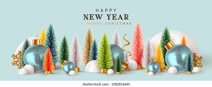 Happy New Year. Xmas design background, Christmas trees, Decorative balls, snow drifts. Holiday gift card, Festive poster, web banner, header for website. Winter season with traditional elements.