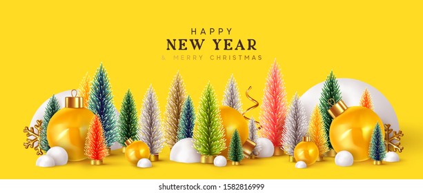 Happy New Year. Xmas design background, Christmas trees, Decorative balls, snow drifts. Holiday gift card, Festive poster, web banner, header for website. Winter season with traditional elements.