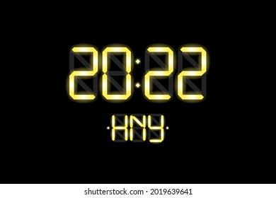 Happy New Year xmas holiday card with digital lcd electronic display clock number 2022 and HNY gold letters on black background. Merry Christmas celebration greeting calendar vector eps illustration
