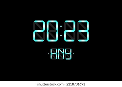 Happy New Year xmas holiday card with digital lcd electronic display clock number 2023 and HNY blue letters on black background. Merry Christmas celebration greeting calendar vector eps illustration