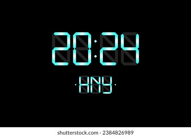 Happy New Year xmas holiday card with digital lcd electronic display clock number 2024 and HNY blue letters on black background. Merry Christmas celebration greeting calendar vector eps illustration