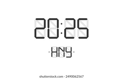 Happy New Year xmas holiday card with digital lcd electronic display clock number 2024 and HNY black letters on white background. Merry Christmas celebration greeting calendar vector eps concept