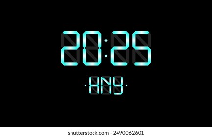 Happy New Year xmas holiday card with digital lcd electronic display clock number 2025 and HNY blue letters on black background. Merry Christmas celebration greeting calendar vector eps concept