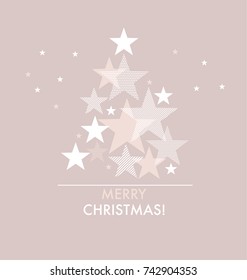 happy new year and xmas tree pattern with geometry stars. christmas tree and snow vector illustration for flayer, brochure, header, card. pale tender color.