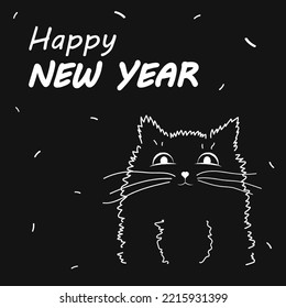 Happy New Year. New Year's card with the image of a fluffy cat. Vector illustration.