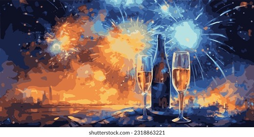 Happy New Year! new years eve, champagne and fireworks in the night. dark sky-blue and violet, vibrant watercolor.