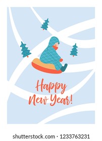 happy New Year. New year's greeting card. Vector illustration. Baby rides tubing hills with snow.