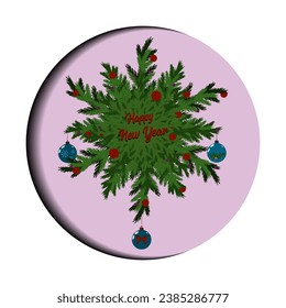 Happy New Year. New Year's wreath with an inscription, decorated with toys on a background of cut paper. Decorative design for greeting card, cover. Vector illustration, Eps 10.