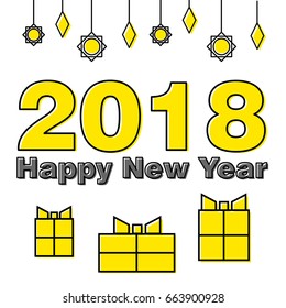Happy new year, yellow, offset fill, flat style, 2018 for calendar, business card, New Year's banner.