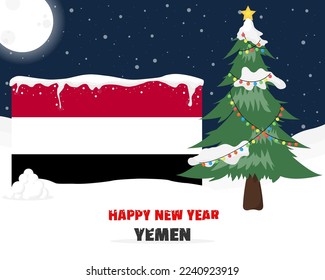 Happy new year in Yemen with Christmas tree and snow, banner or content design idea, Yemen flag with pine tree, new year celebration idea, sky with full moon and stars, vector design