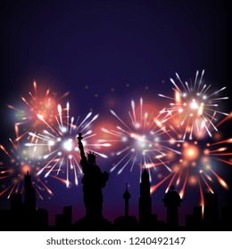 Happy New Year. New York and Statue of Liberty Seasons greetings, colorful fireworks