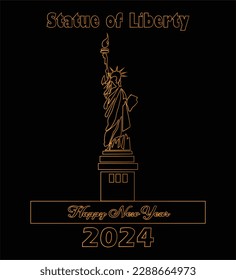 Happy new year New York statue of liberty silhouette golden illustration isolated over black background.