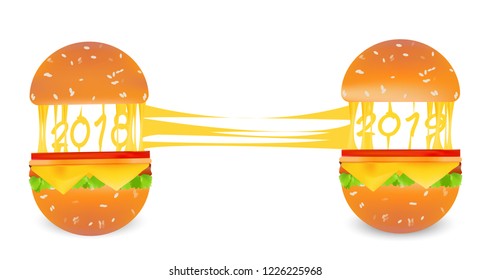 Happy New Year.2018 New Years Eve Celebrating 2019.Vector illustration for Christmas holydays.Numbers are in hamburgers.There is space in the middle.