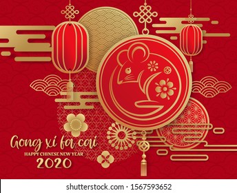 happy new year2020  Gong Xi Fa Cai ,Year of the rat,Chinese new year greetings with gold rat zodiac sign paper cut art and craft style