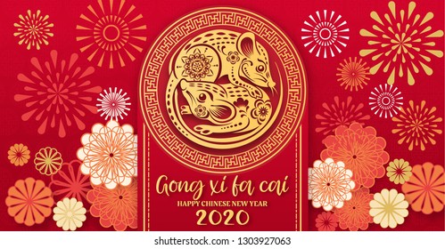 happy new year2020(Gong Xi Fa Cai),Year of the rat,Chinese new year greetings with gold rat zodiac sign paper cut art and craft style(Chinese word mean good fortune)