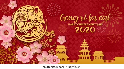 happy new year2020(Gong Xi Fa Cai),Year of the rat,Chinese new year greetings with gold rat zodiac sign paper cut art and craft style(Chinese word mean good fortune).