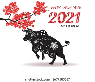 Happy new year2021. Chinese new year 2021 year of the ox , red paper cut ox character,flower and asian elements with craft style on background.