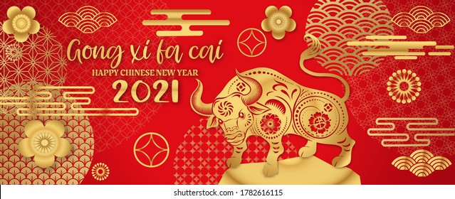 happy new year2021(Gong Xi Fa Cai),Chinese New Year greeting card. year of the Ox. Golden and red ornament. Flat style design. Concept for holiday banner template, decor element. 
