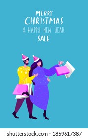 Happy New Year,Christmas Holidays.Festive Woman,Man Friends,Romantic Couple.People with Purchase,Packages,Gifts,Presents for Christmas New Year Holiday.Xmas Celebration Shopping.Purchases Illustration
