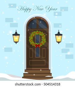 Happy New Year.Door decoration for the Christmas holidays.Front door house exterior entrance with Christmas wreath and lanterns.Turquoise brick wall.Snow on stairs. Vector 10 eps.Greeting card design.