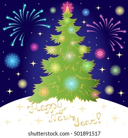 Happy New Year!Green Fir tree, Colorful fireworks, Shinning Snowflakes and Stars on Night Sky. Perfect for Your Festive Design.Vector Illustration.