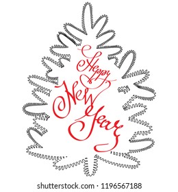 Happy New Year.greeting card with Christmas tree on white background and hand drawn calligraphy phrase. Doodle silhouette tree Brush pen lettering..Vector illustration.