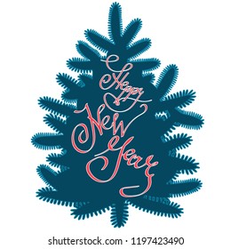 Happy New Year.greeting card with Christmas tree on white background and hand drawn calligraphy phrase. Doodle silhouette tree Brush pen lettering..Vector illustration.