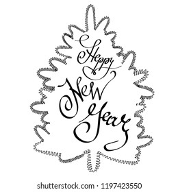 Happy New Year.greeting card with Christmas tree on white background and hand drawn calligraphy phrase. Doodle silhouette tree Brush pen lettering..Vector illustration.