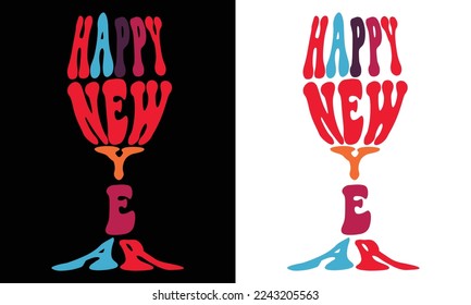 Happy New Year.Grovy Font Design Wine, Champagne glasses empty and full vector illustration. Restaurant glassware. Bubbly in glass.Holiday gold glitter confetti