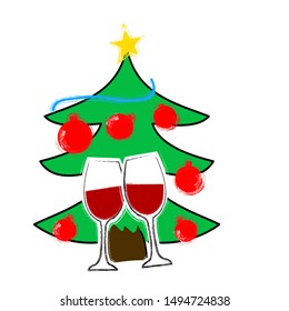 Happy New Year.Holiday scene with christmass tree,decorations and glasses of wine.Party time.