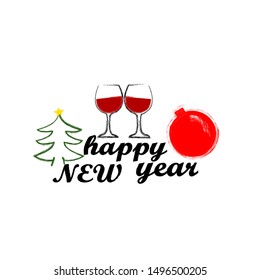 Happy New Year.Holiday scene with Christmass ball and glass of wine.Toasting.