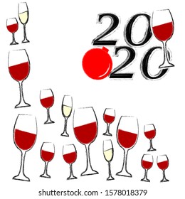 Happy new Year.Holiday scene with glasses of wine and champagne.