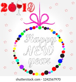 Happy New Year.Holiy scene with glass of wine,Christmas balls and decoration.Toasting.Happy Holidays.