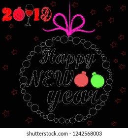 Happy New Year.Holiy scene with glass of wine,Christmas balls and decoration.Toasting.Happy Holidays.